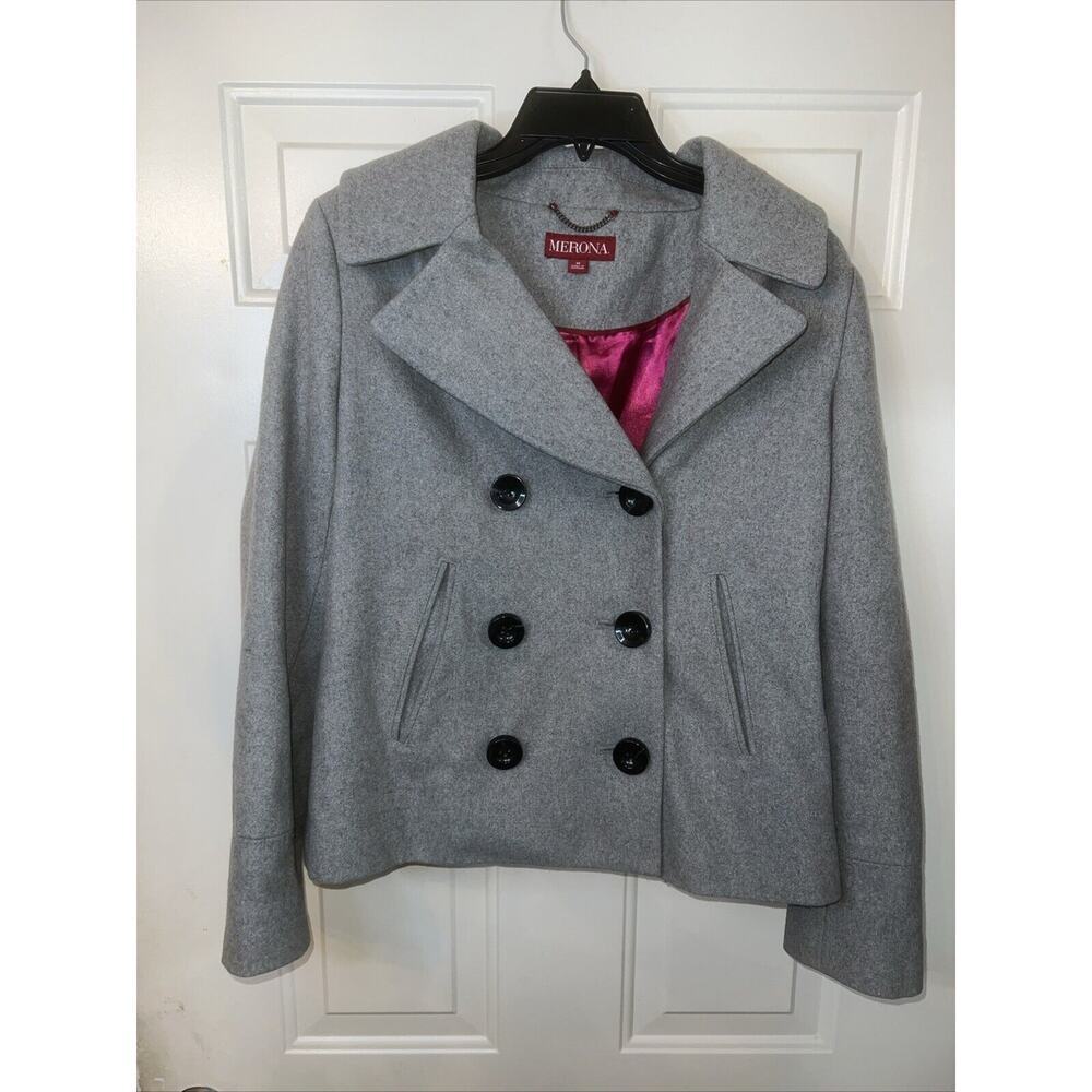 Merona Pea Coat Jacket Gray Women's Medium Double Breasted Chore Pink Lined